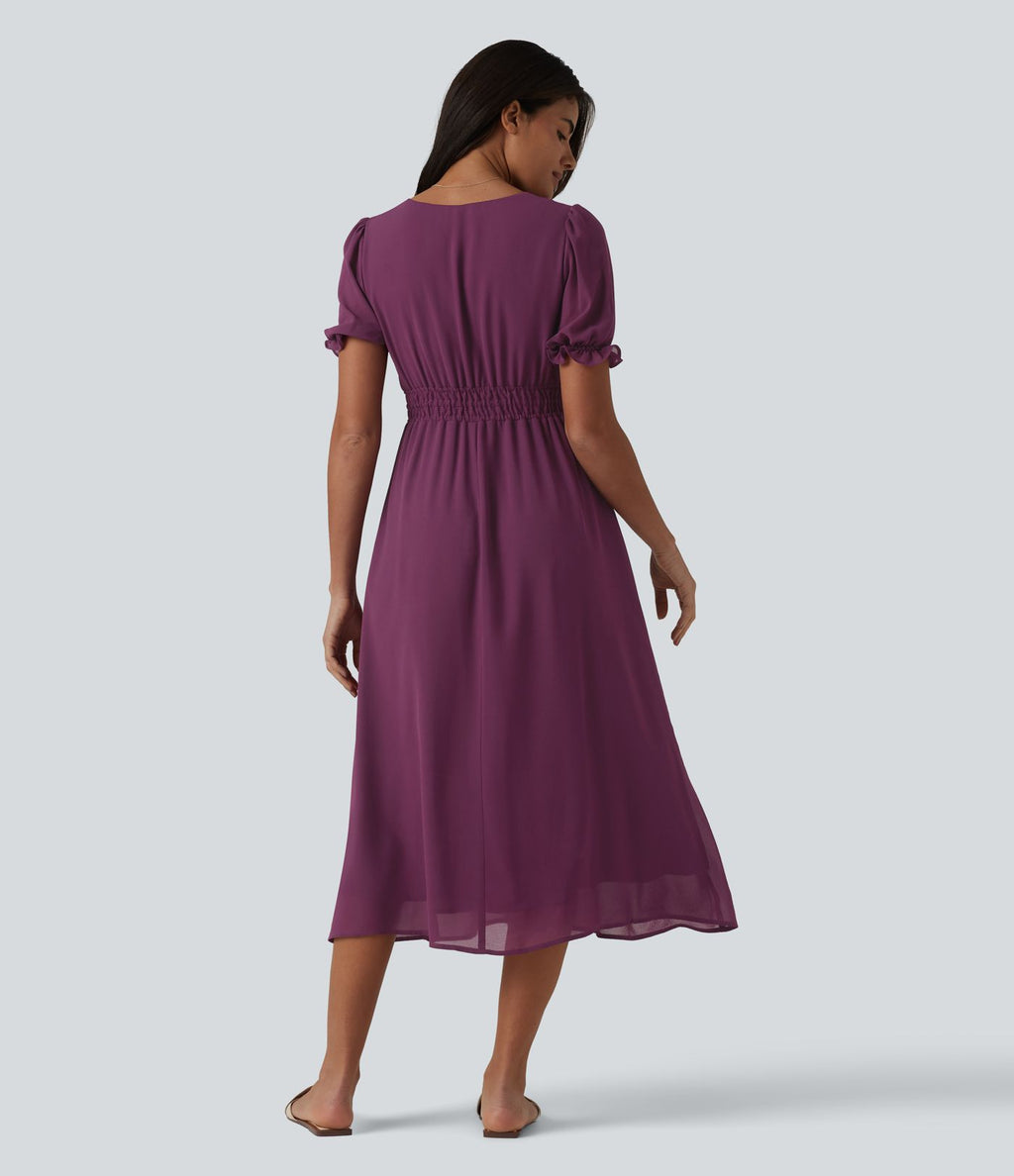 Robe décontractée fluide mi-longue col V manches bouffantes taille froncée