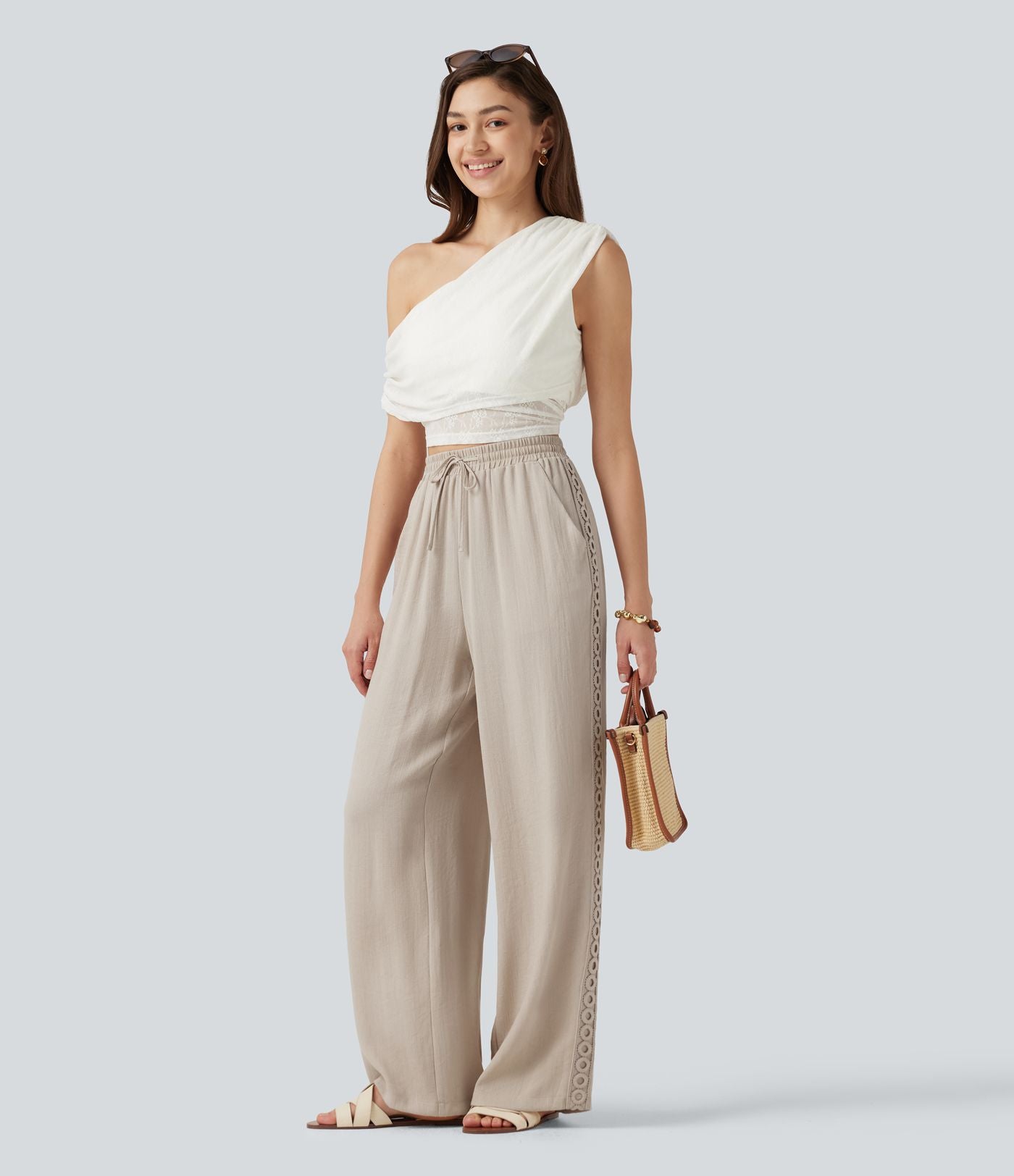 Pantalon décontracté taille haute à cordon de serrage, effet lin, avec poches