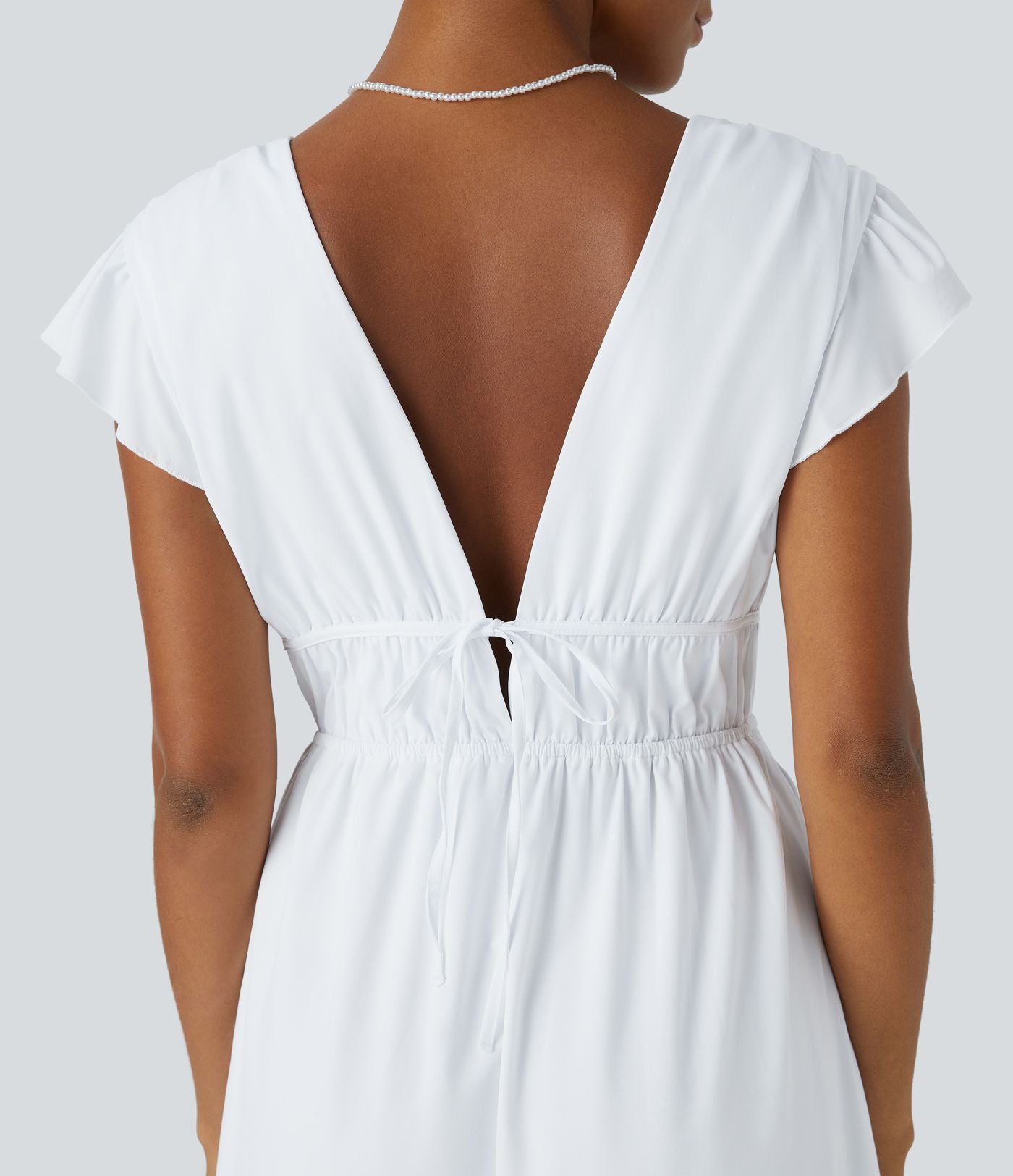 Breezeful™ Robe Midi Séchage Rapide Demoiselle d'Honneur et Invitée de Mariage Encolure en V Profond Manches Papillon Dos Nu Nœud Poches Latérales Ourlet à Volants
