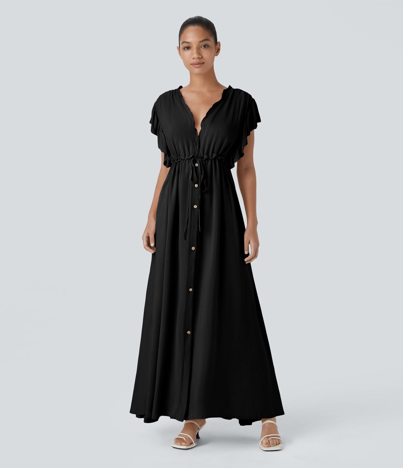 Robe Casual Maxi Flowy Encolure en V Profond Manches Papillon Dos Nu Cordon de Serrage Boutonnés Poches Latérales