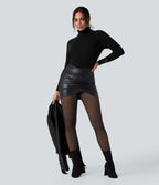 Mini-jupe moulante 2-en-1 SoftlyZero™ taille haute en simili, drapée croisée, effet sparkle métallisé, extensible