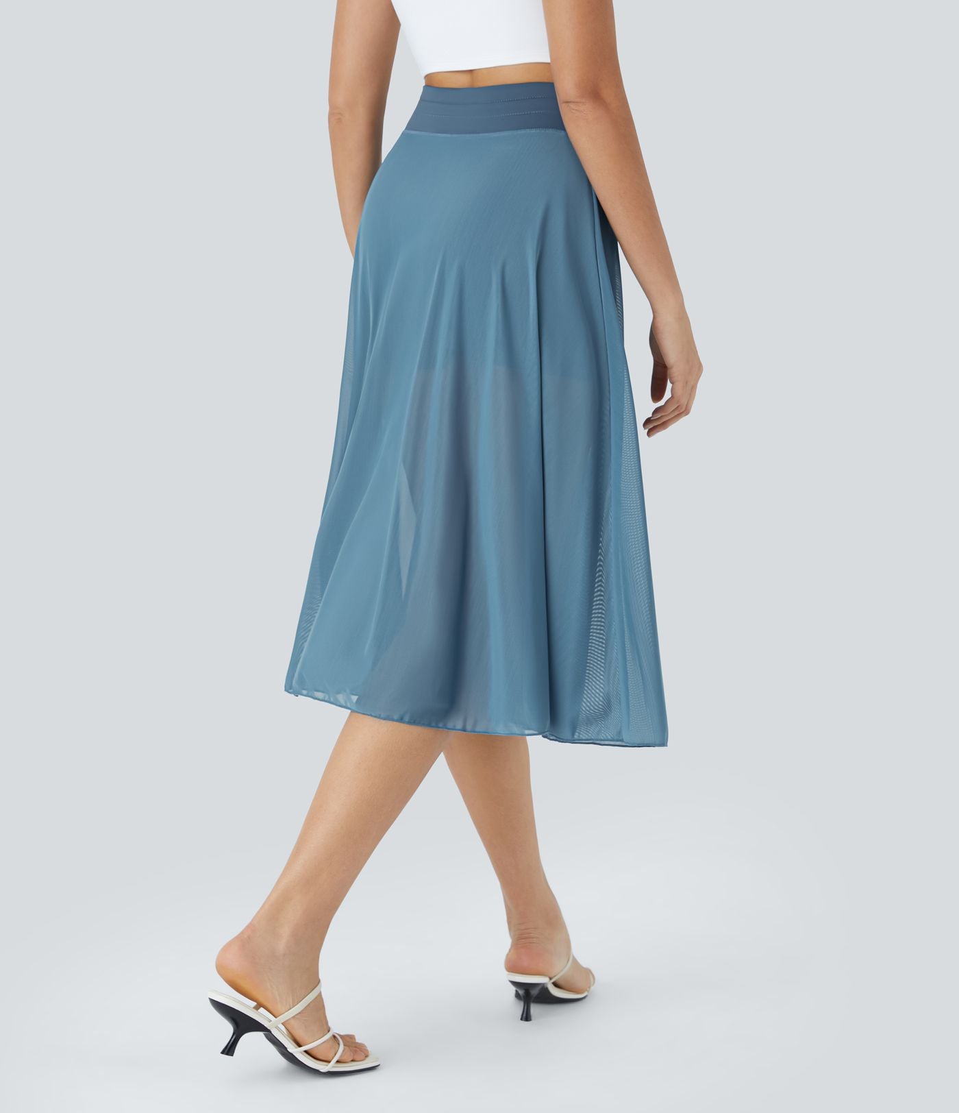 Jupe Casual Évasée Mesh Mi-Longue Fuide 2 en 1 Contrastée Taille Haute Cordon Poche Latérale