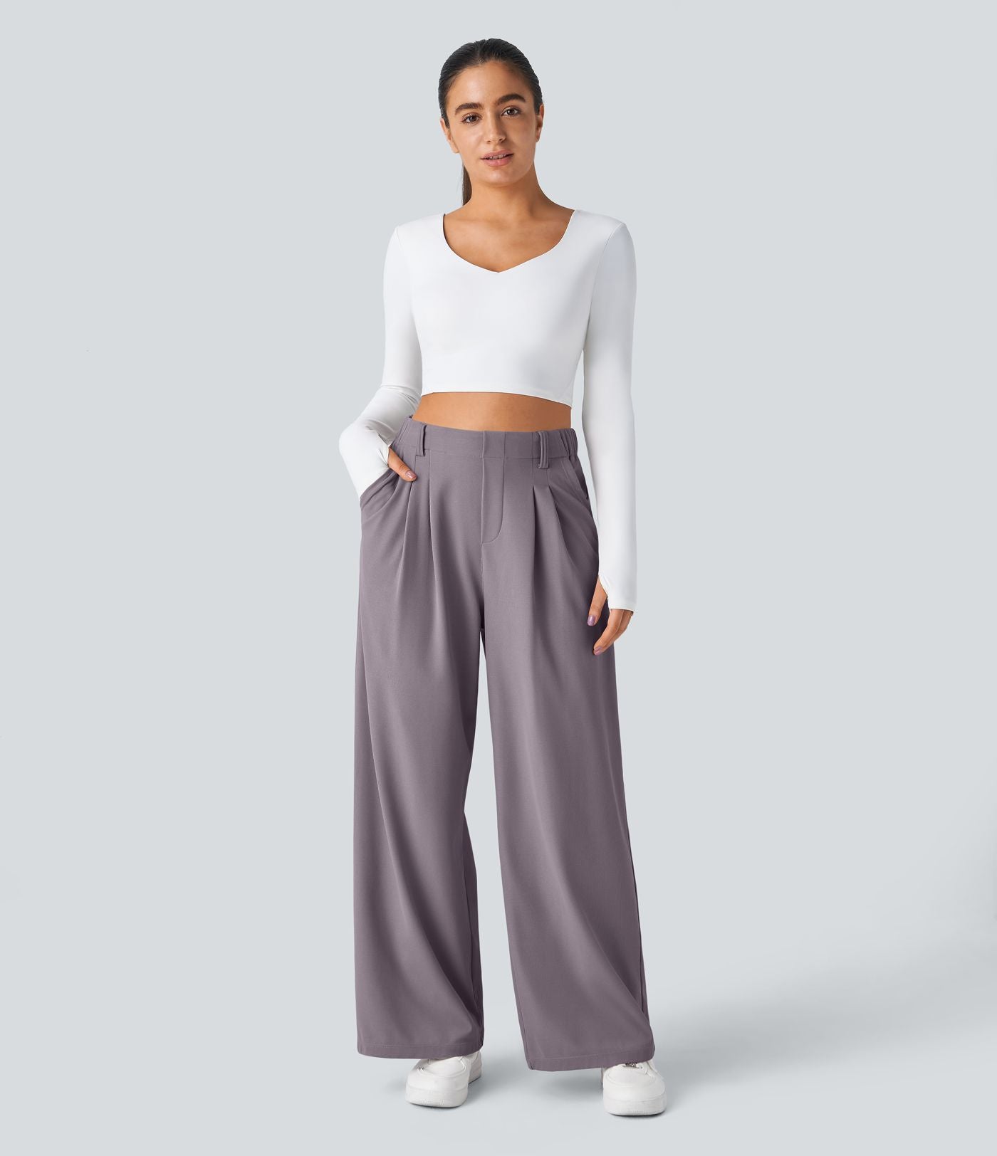 Pantalon Tailleur Large Fluide Halara Flex™ Gaufré Taille Haute Poches Latérales