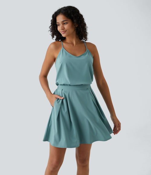 Breezeful™ Robe Casual Plissée à Bretelles Réglables Mini Dos Nu Découpée Poche Latérale Séchage Rapide