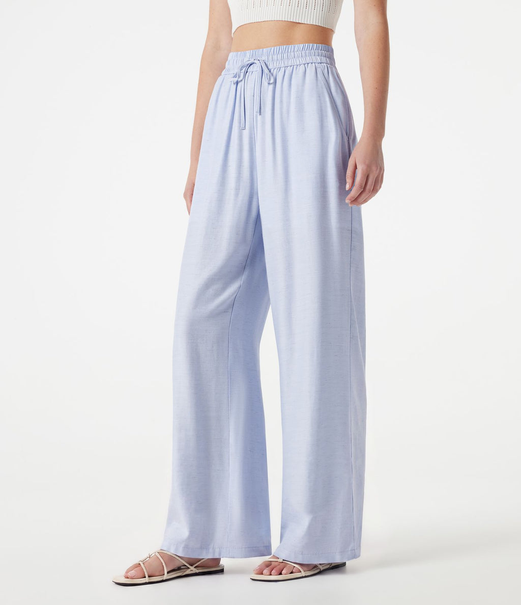 Pantalon large 2-en-1 casual en mélange de lin taille haute avec cordon et poches