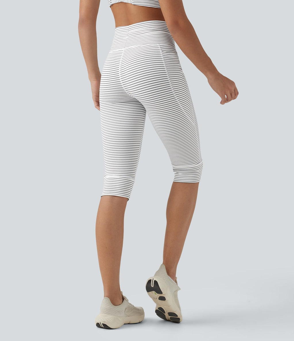 Legging 3/4 de yoga taille haute à rayures avec cordon de serrage et poches