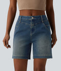 Short denim ample décontracté Halara Flex™ délavé taille mi-haute ourlet roulotté avec poches