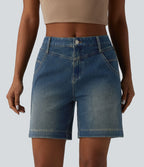 Short denim ample décontracté Halara Flex™ délavé taille mi-haute ourlet roulotté avec poches