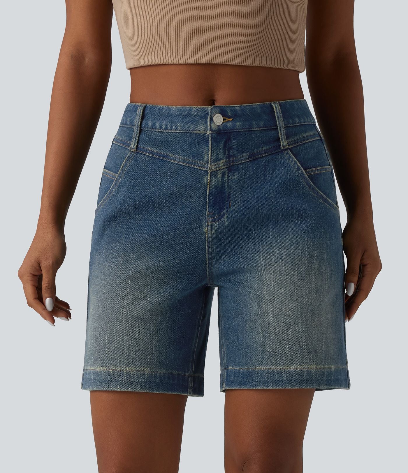 Short denim ample décontracté Halara Flex™ délavé taille mi-haute ourlet roulotté avec poches