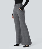 Halara Flex™ Pantalon tailleur évasé à carreaux pied-de-poule, taille haute avec boutons décoratifs et poches latérales