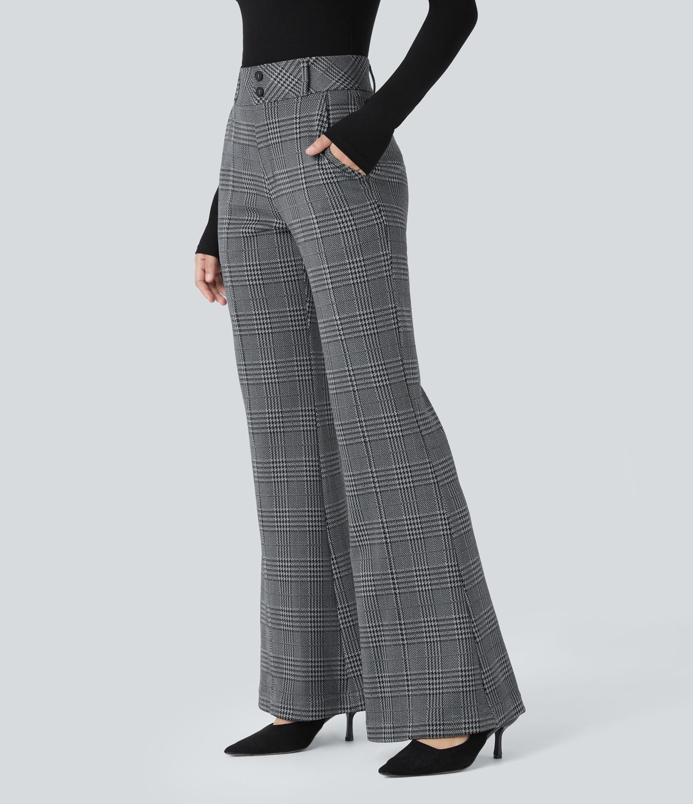 Halara Flex™ Pantalon tailleur évasé à carreaux pied-de-poule, taille haute avec boutons décoratifs et poches latérales