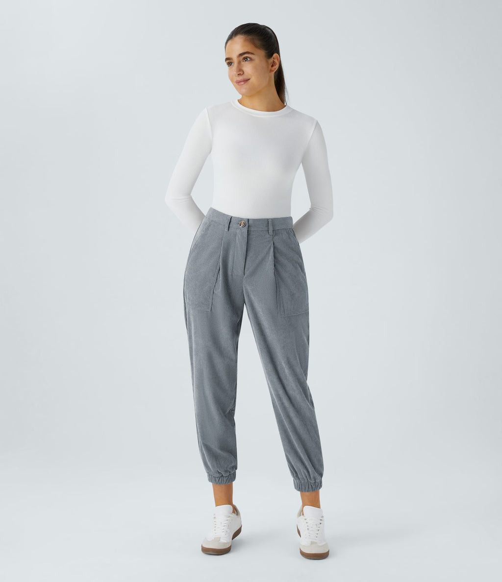 Pantalon décontracté en velours côtelé avec taille mi-haute, boutons et fermeture éclair