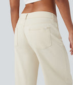 Halara Flex™ Jean large asymétrique taille basse avec bouton, fermeture éclair et poches multiples, délavé et extensible en maille