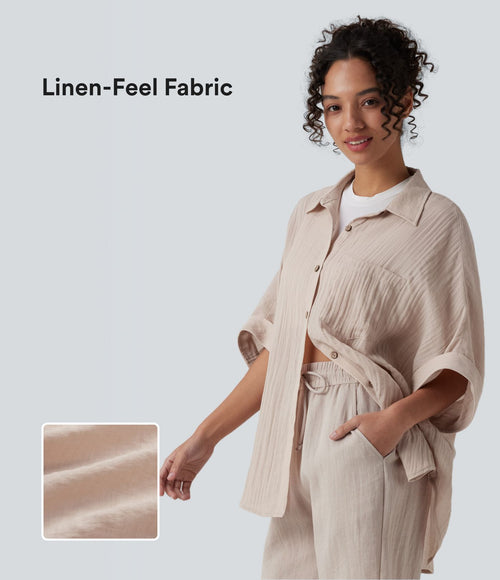 Chemise décontractée effet lin à manches mi-longues avec poche