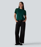 Blouse décontractée col rond manches raglan courtes avec empiècement en mesh contrasté