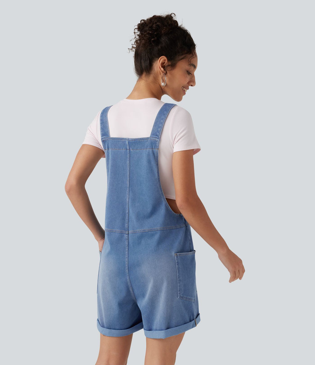 Salopette en jean Halara Flex™ col V délavée décontractée à ourlet roulotté avec poches