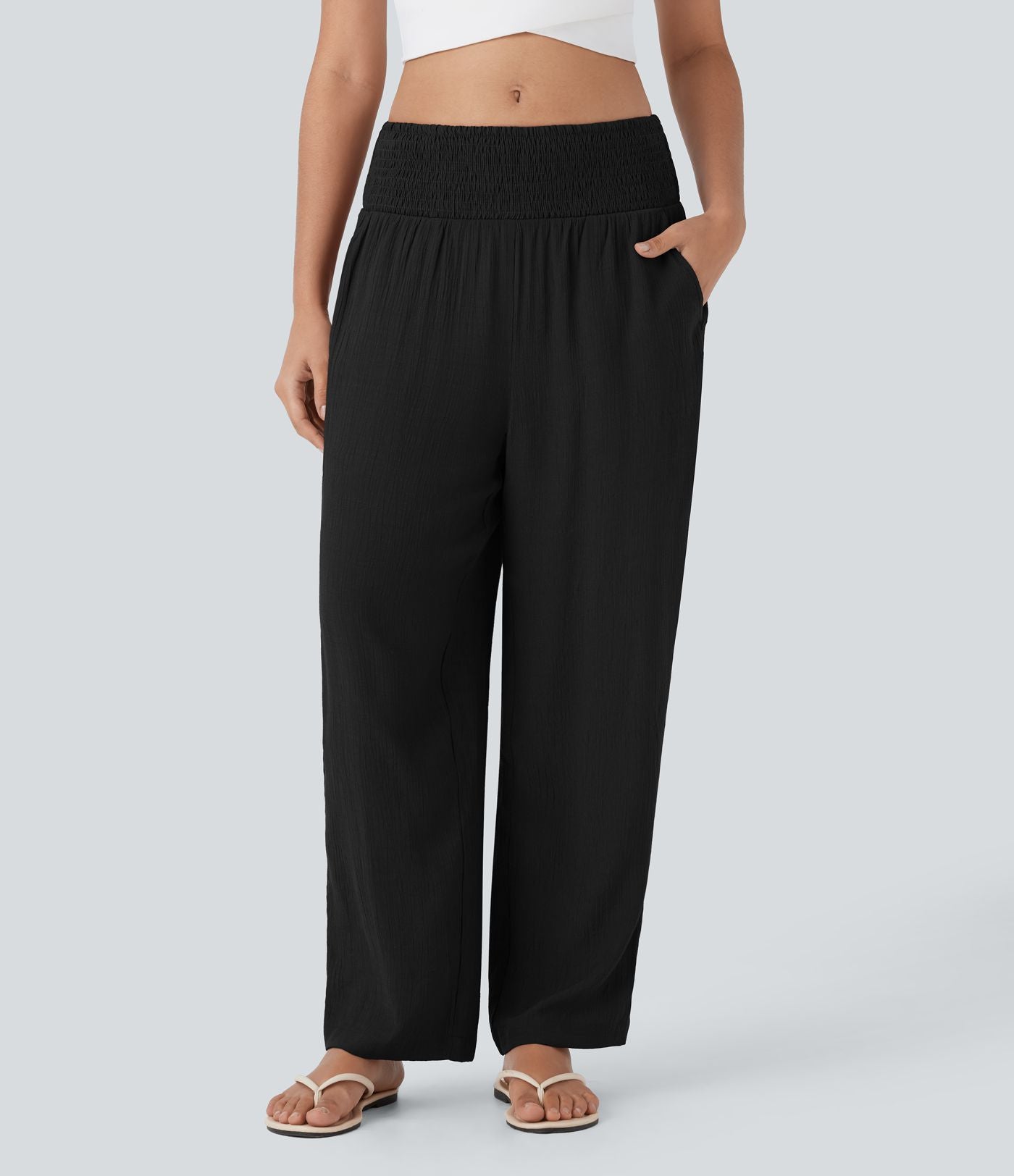 Pantalon de Vacances Taille Moyenne avec Fronces et Poches Latérales  et Aspect Lin