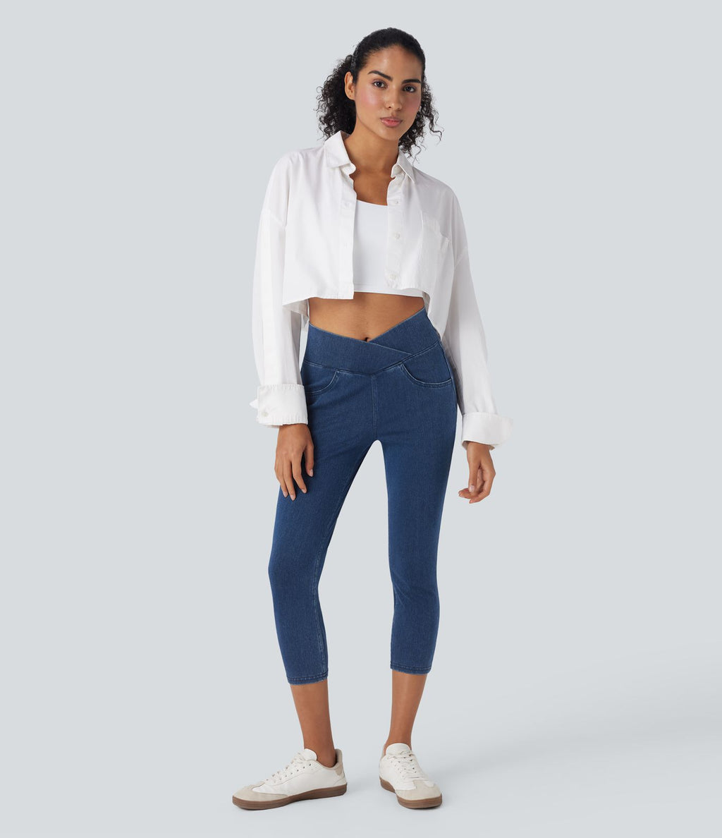 Legging capri décontracté Halara Flex™ croisé taille haute en maille denim extensible avec poches