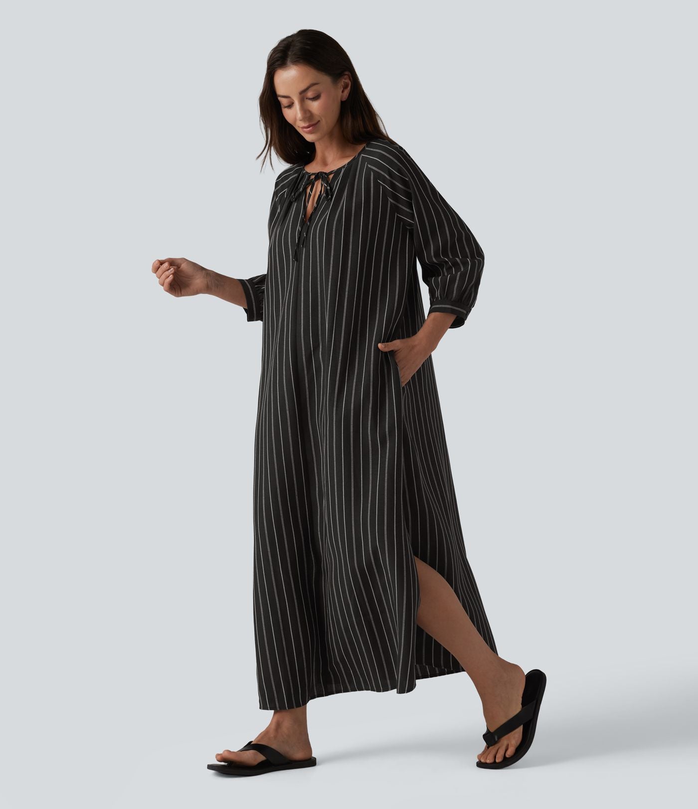 Robe midi casual à rayures aspect lin col V avec nœud, manches 3/4 fendues et poches