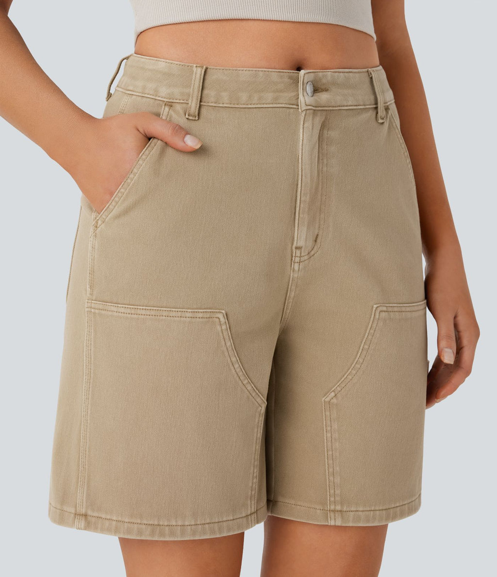 Short bermuda décontracté en denim extensible lavé Halara Flex™ taille mi-haute avec poches multiples