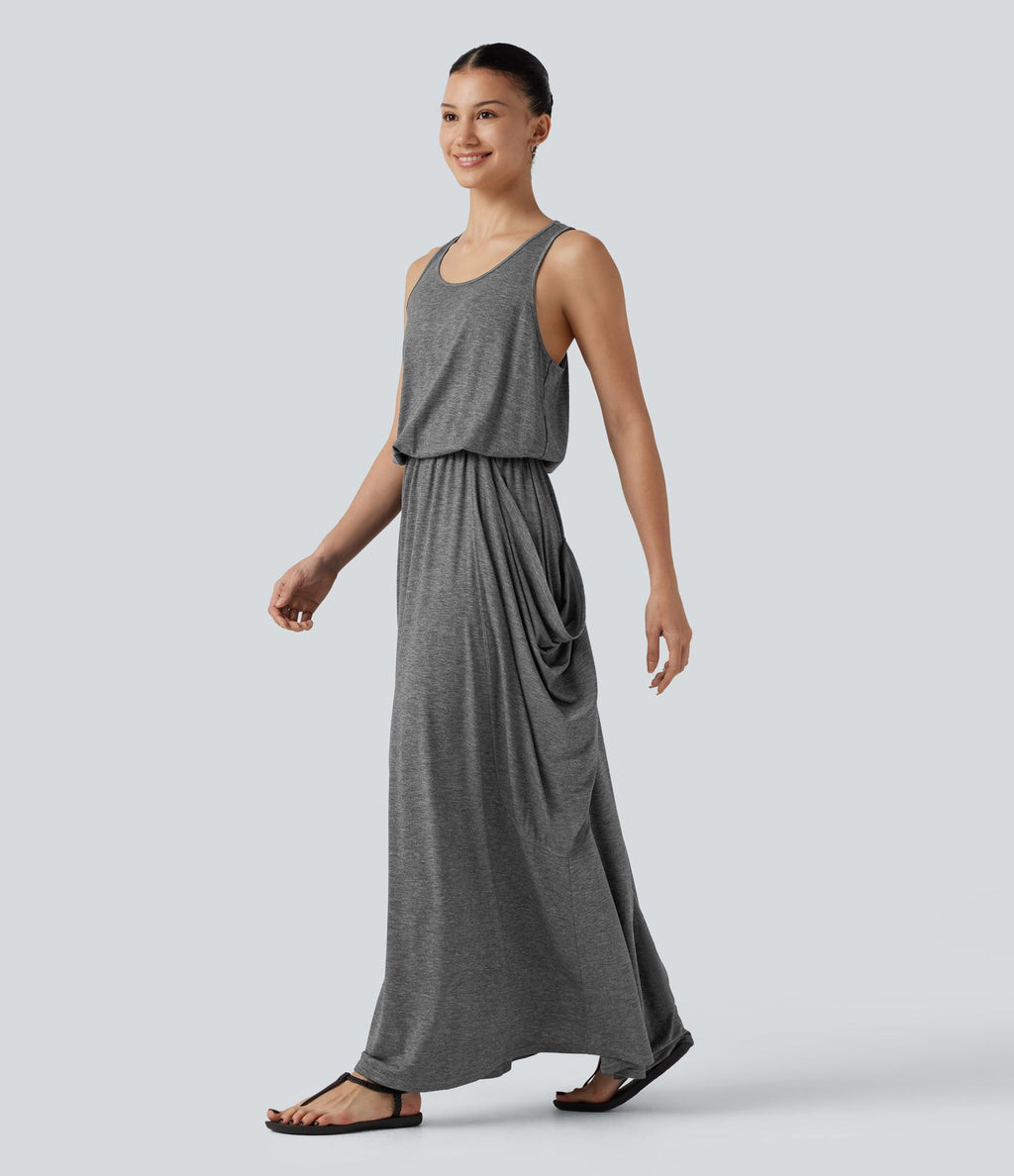 Robe longue casual drapée sans manches à dos ajouré avec poches