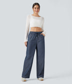Pantalon décontracté large effet lin taille haute infroissable avec cordon et poches