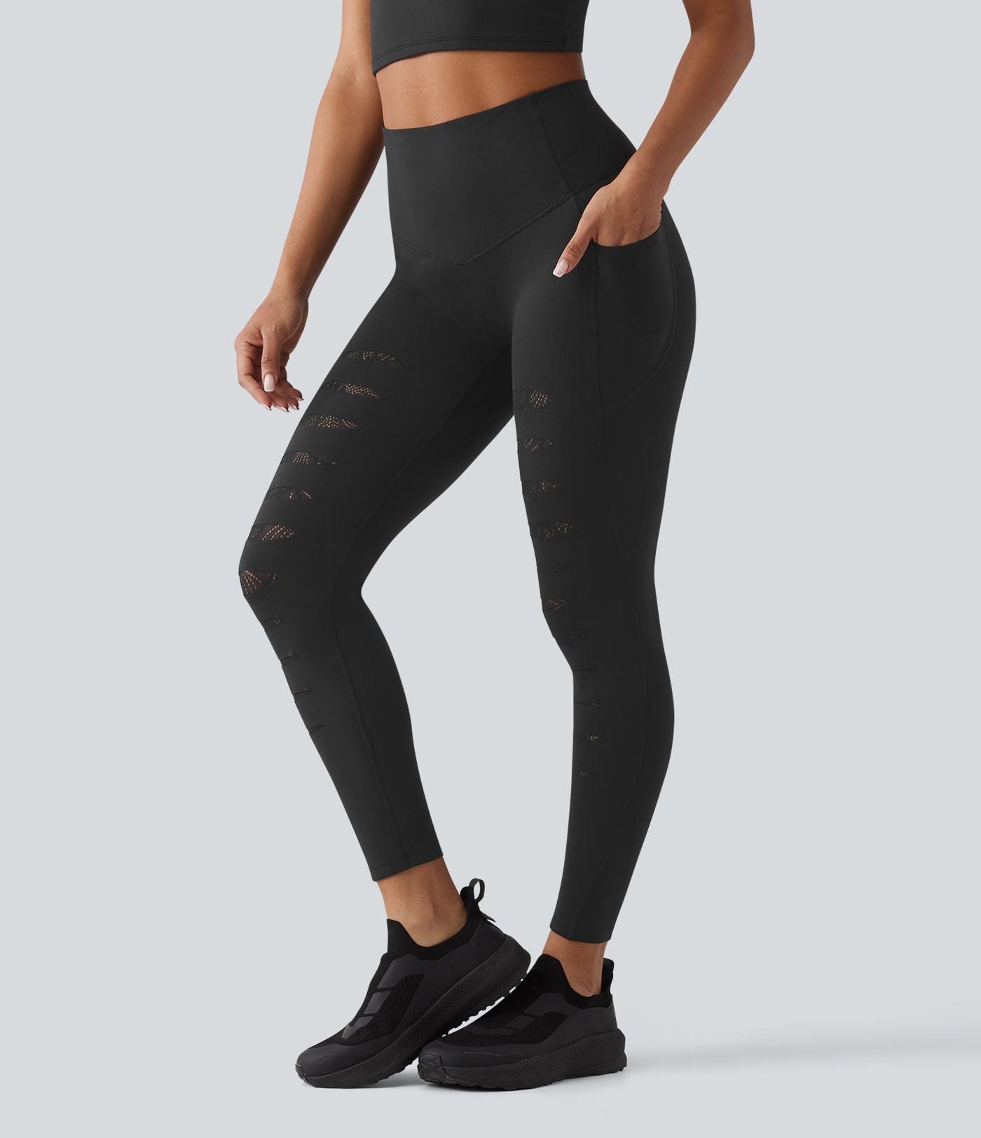 Legging de sport SoftlyZero™ taille haute avec empiècements en dentelle contrastée et poches – UPF 50+