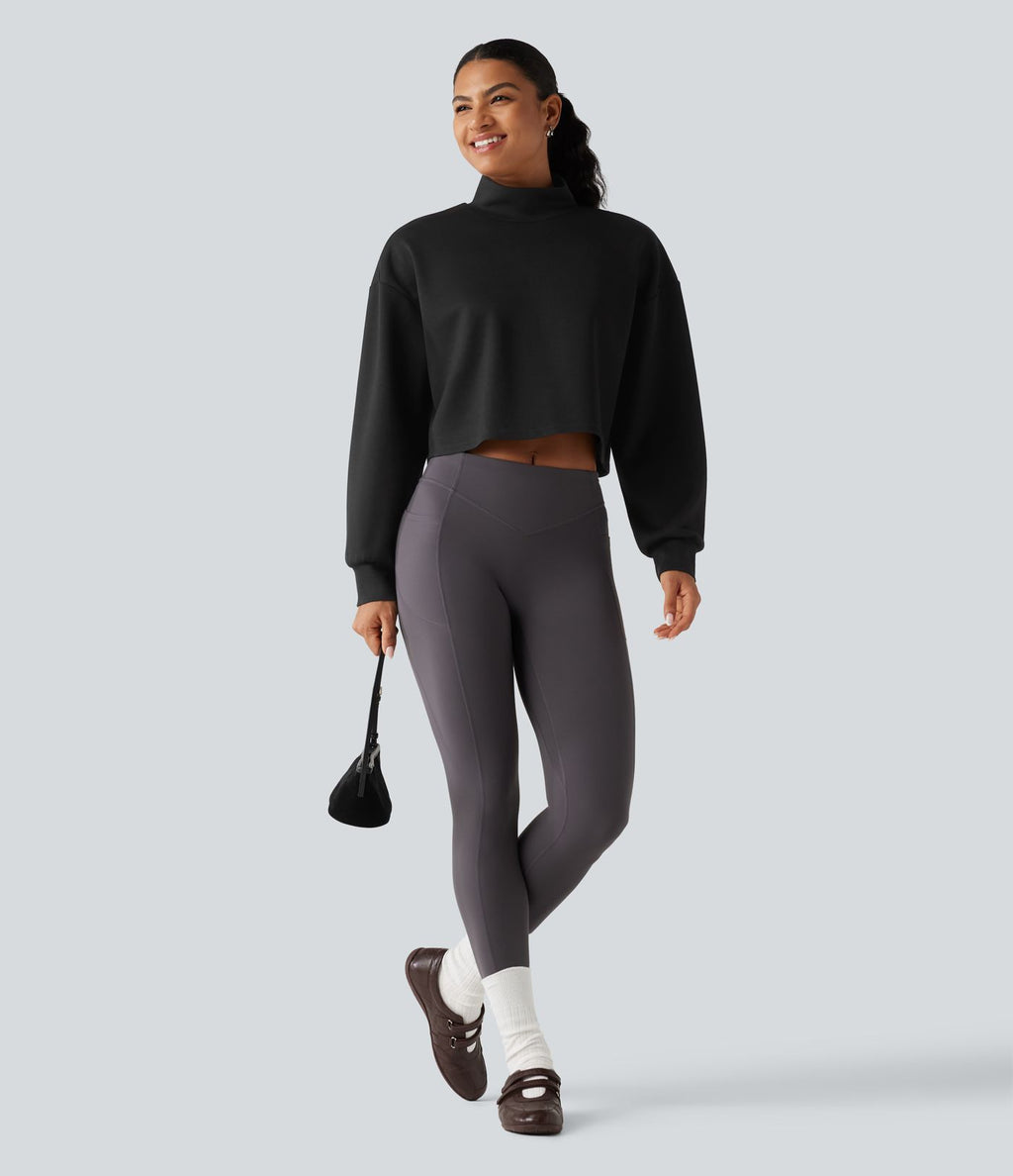 Sweat crop top col montant avec manches longues et coupe décontractée