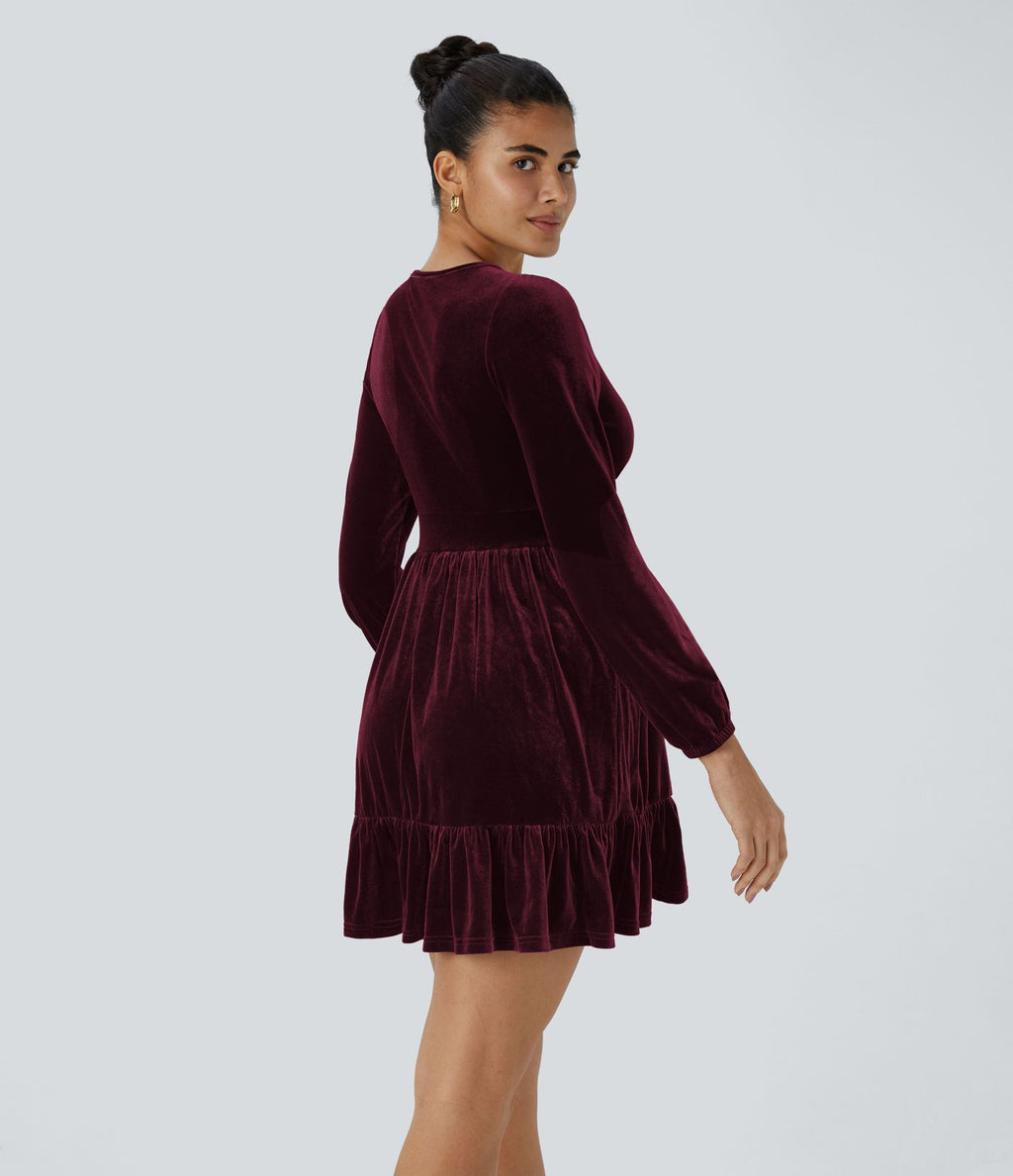 Quotidien Robe de Soirée Mini en Velours à Encolure en V Profond et Ourlet Volanté