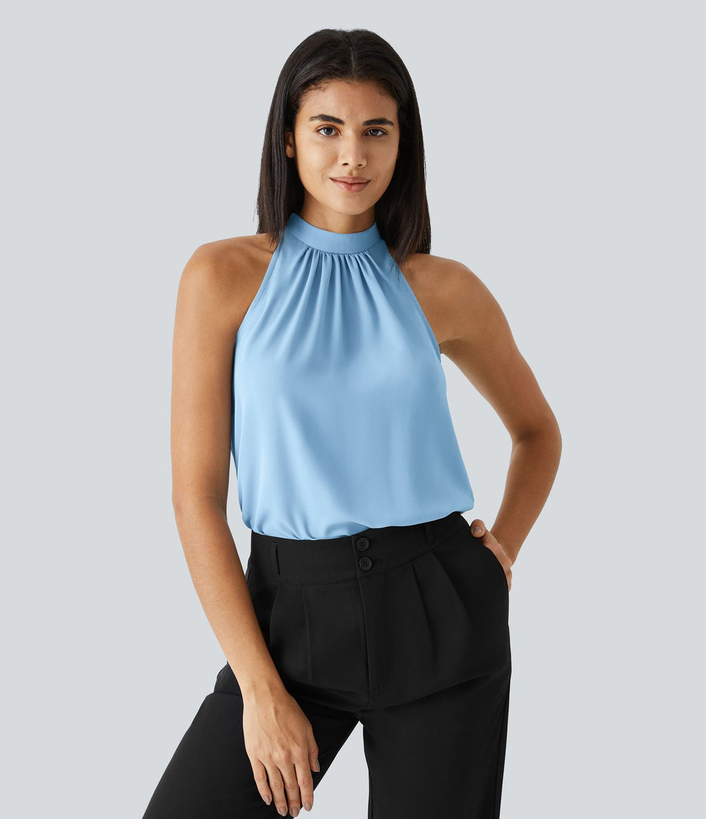 Blouse Travail Sans Manches Ourlet Courbé Col Haut Découpe au Dos Plis