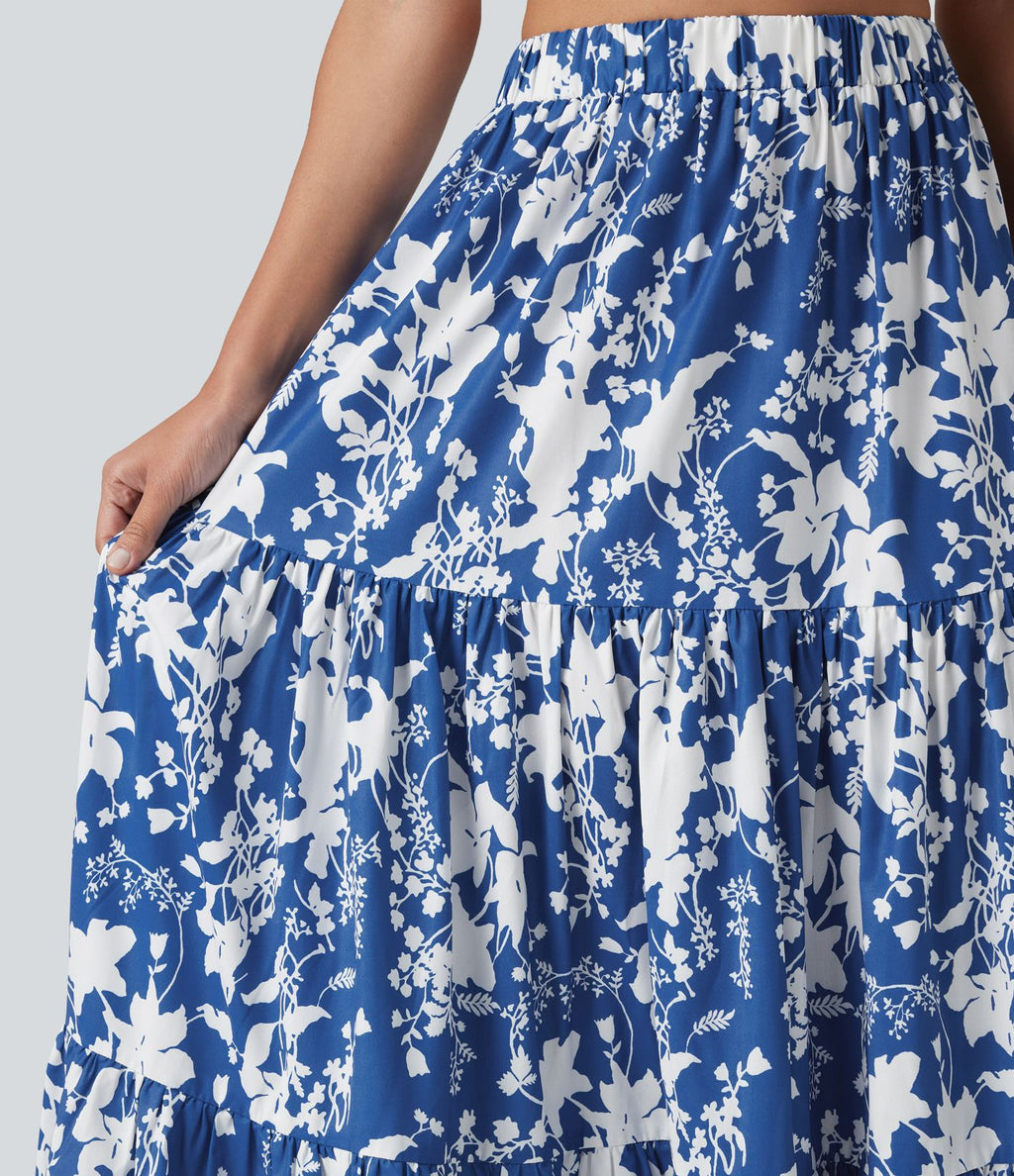 Jupe longue fluide taille haute à volants superposés imprimé floral pour les vacances