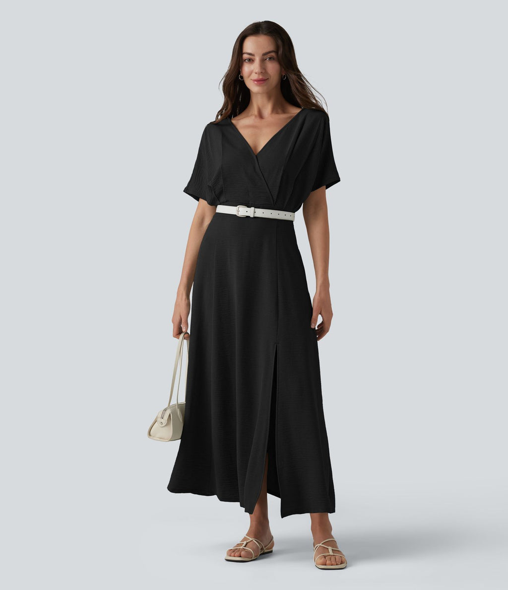 Robe midi col V manches courtes aspect lin avec poches