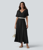 Robe midi col V manches courtes aspect lin avec poches