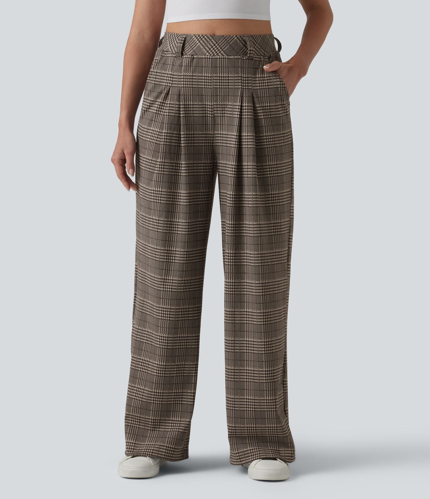 Pantalon large taille haute à carreaux pied-de-poule avec poches