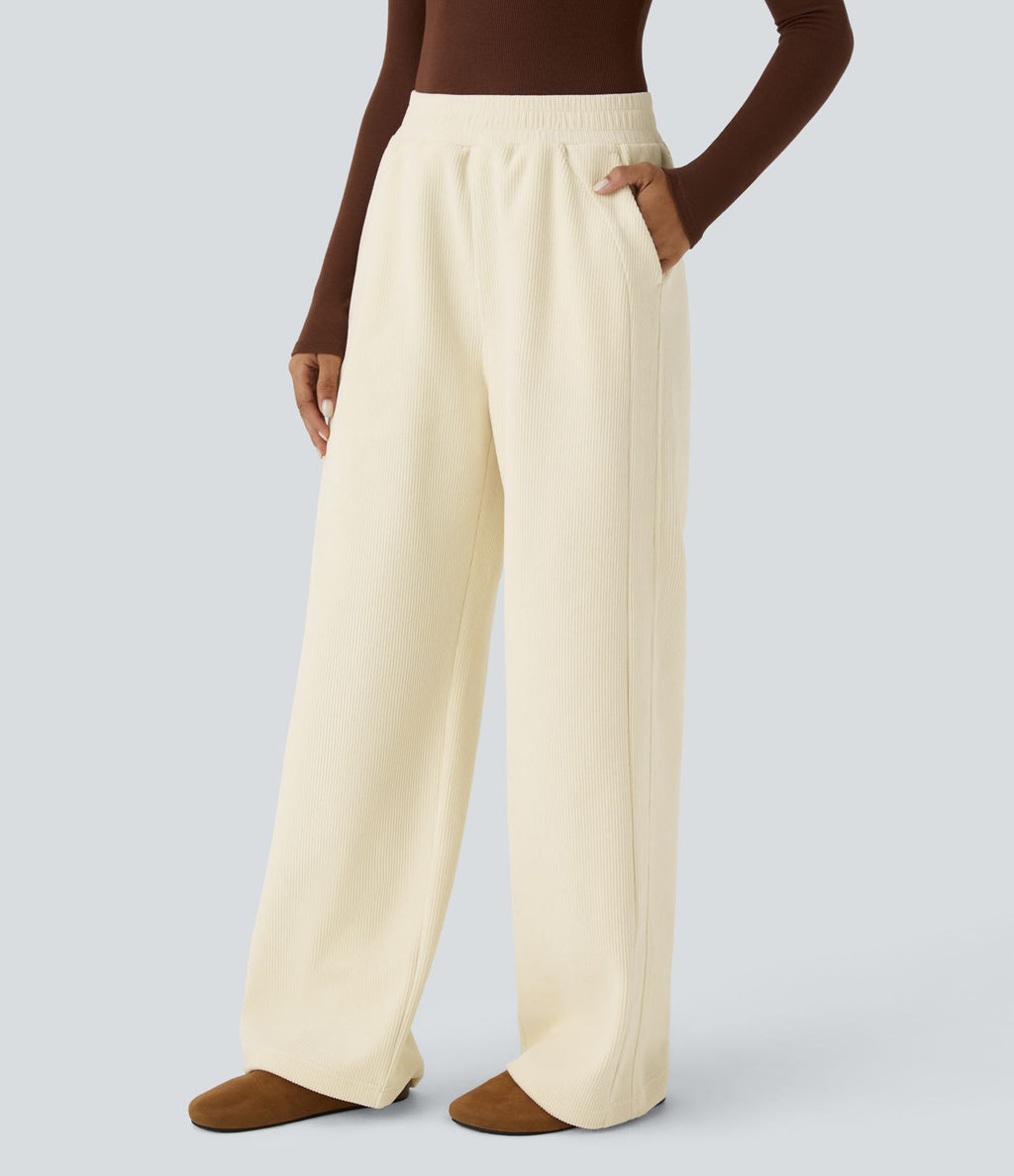 Pantalon velours côtelé de jogging décontracté à taille haute avec poches latérales