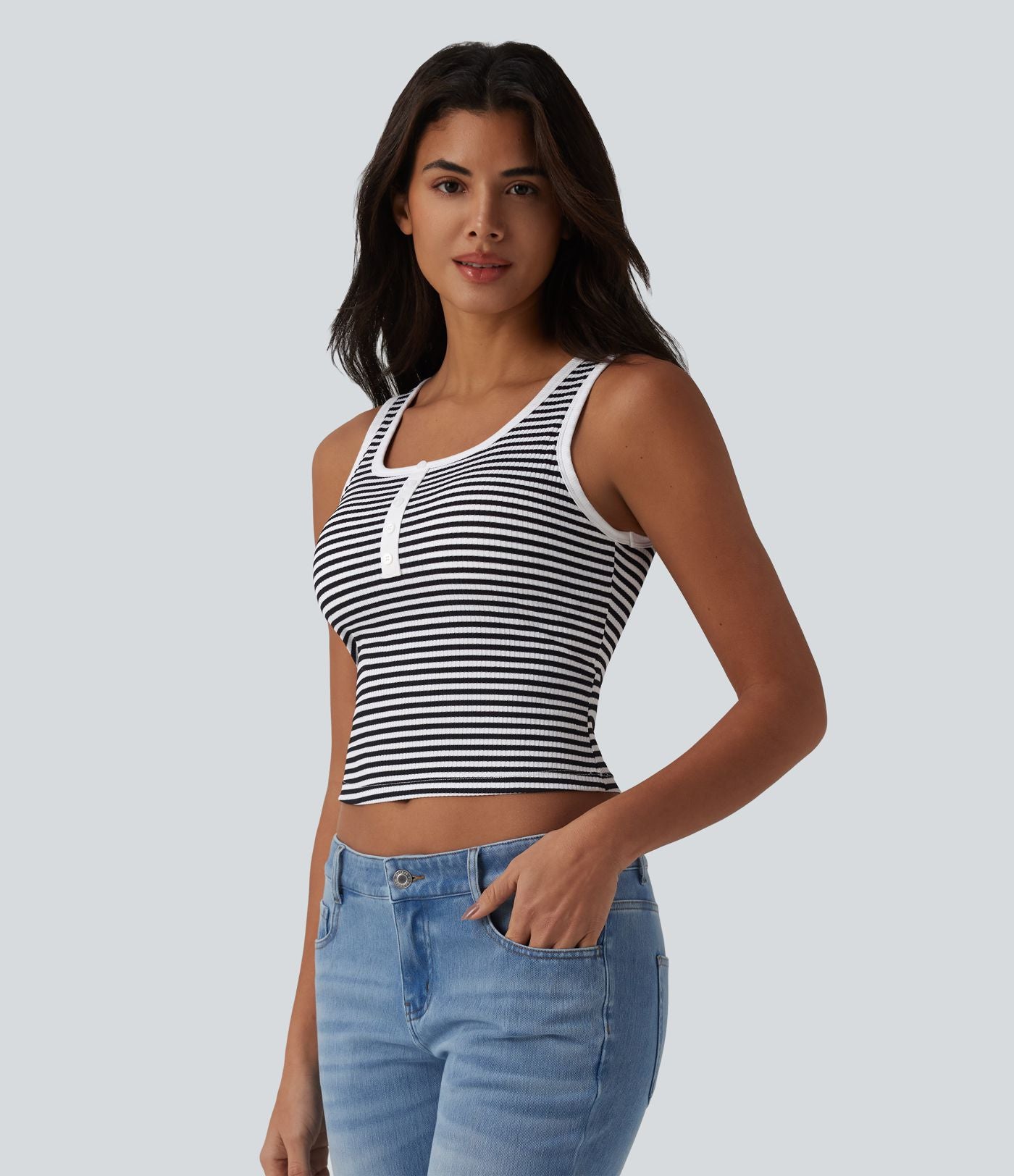 Débardeur casual côtelé à rayures col U avec soutien-gorge intégré
