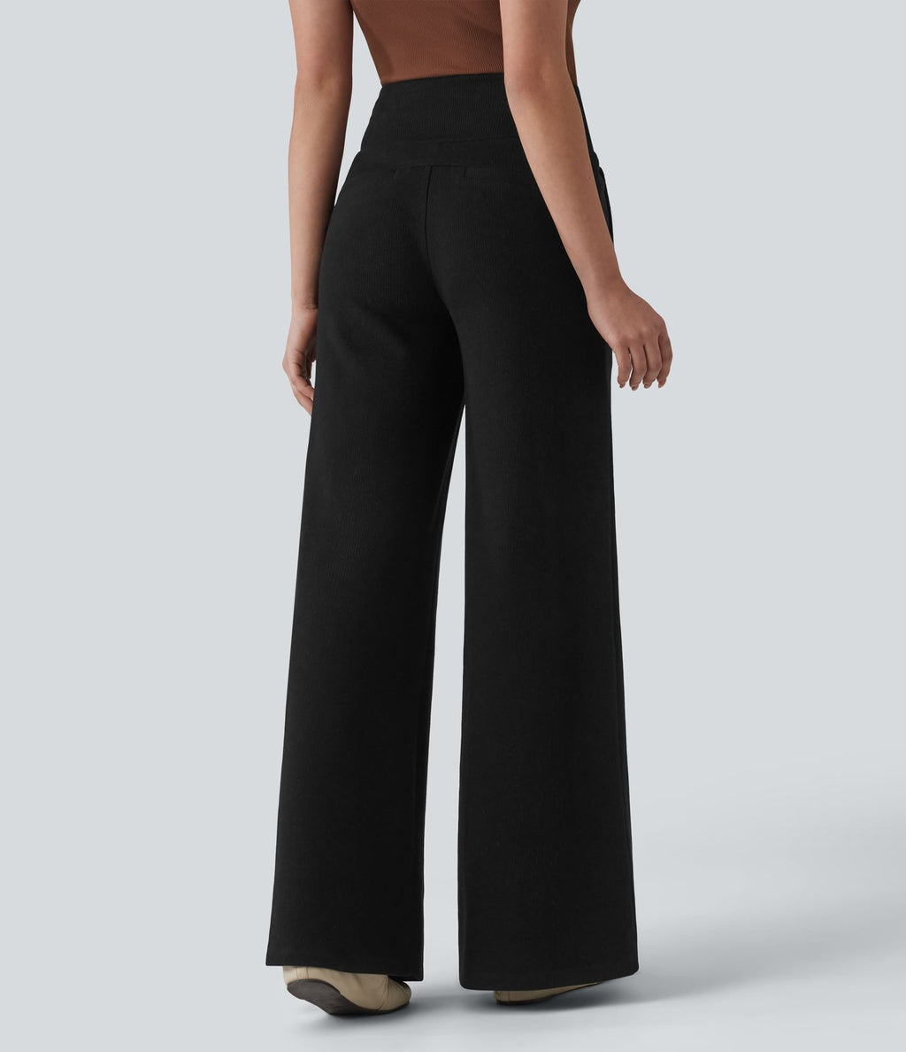Pantalon casual bootcut gainant taille haute à cordon de serrage en maille côtelée avec poches