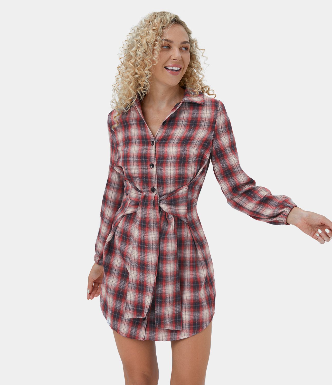 Robe Casual de Mini à Carreaux avec Col Boutons et Nœud à l'Avant