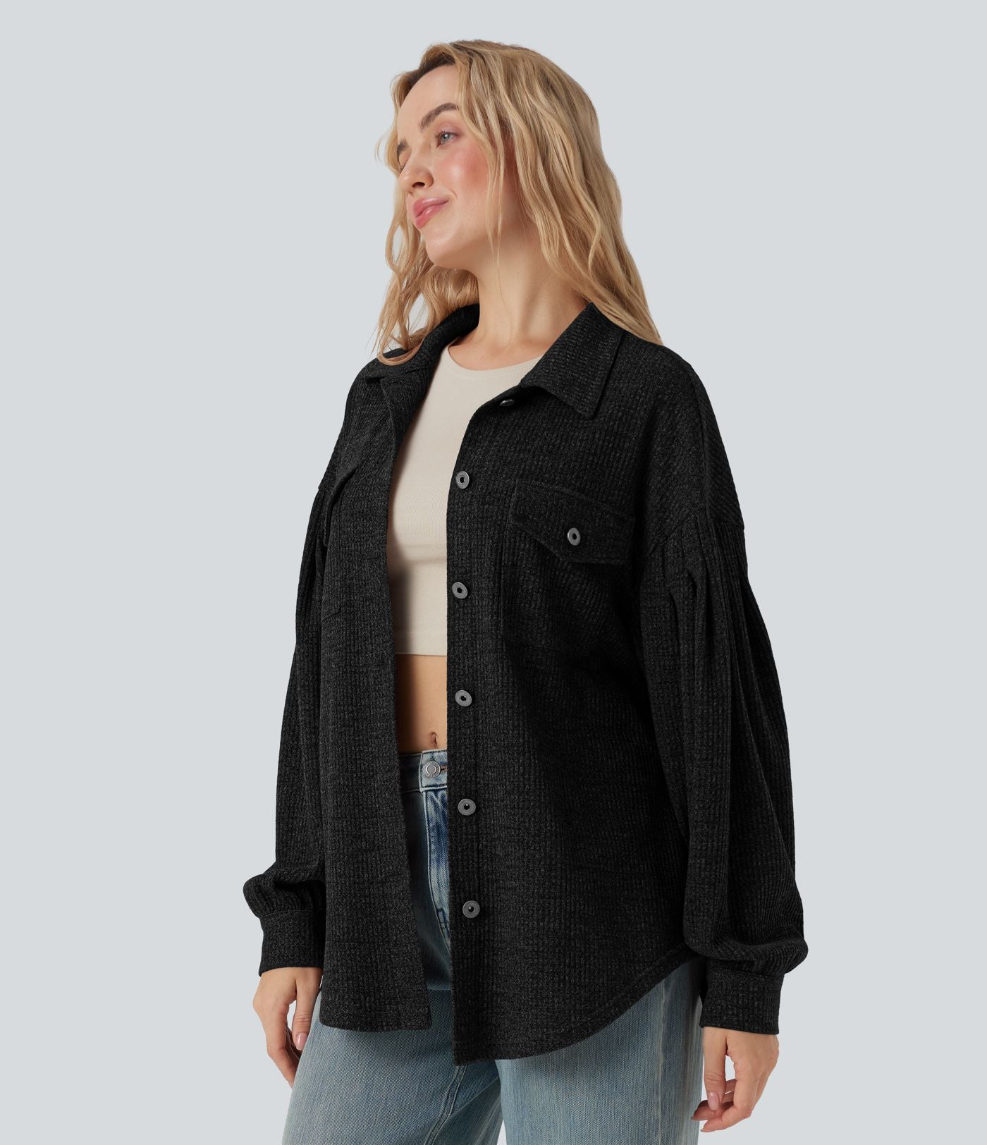 Veste décontractée maille gaufré manches longues ourlet arrondi avec poches