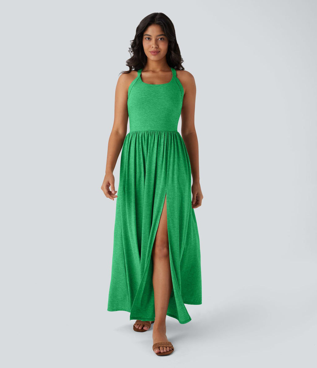 Robe longue fluide fendue avec poches latérales, dos nu et effet torsadé