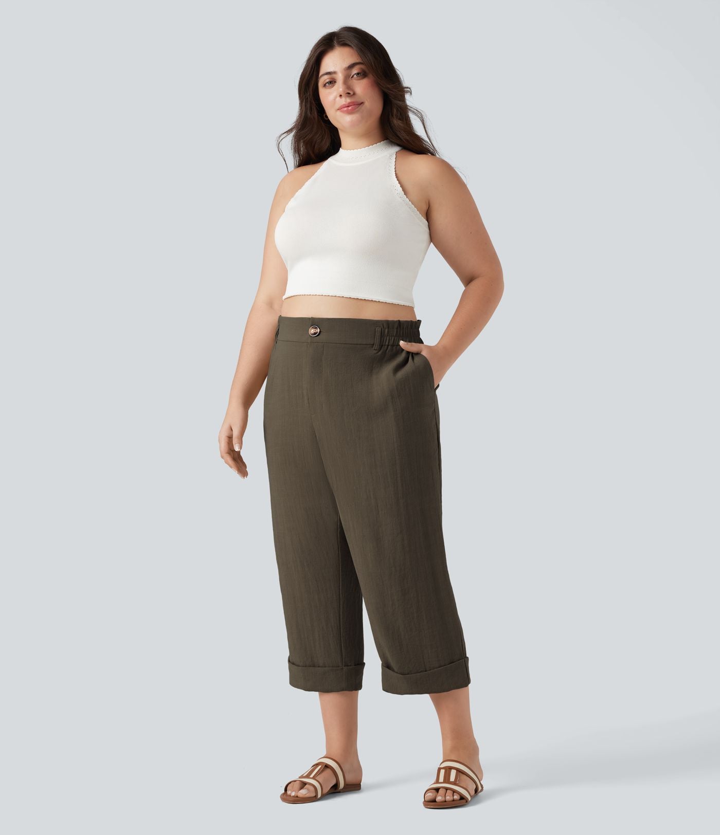 Pantalon de villégiature capri effet lin, grande taille, taille haute, avec poches
