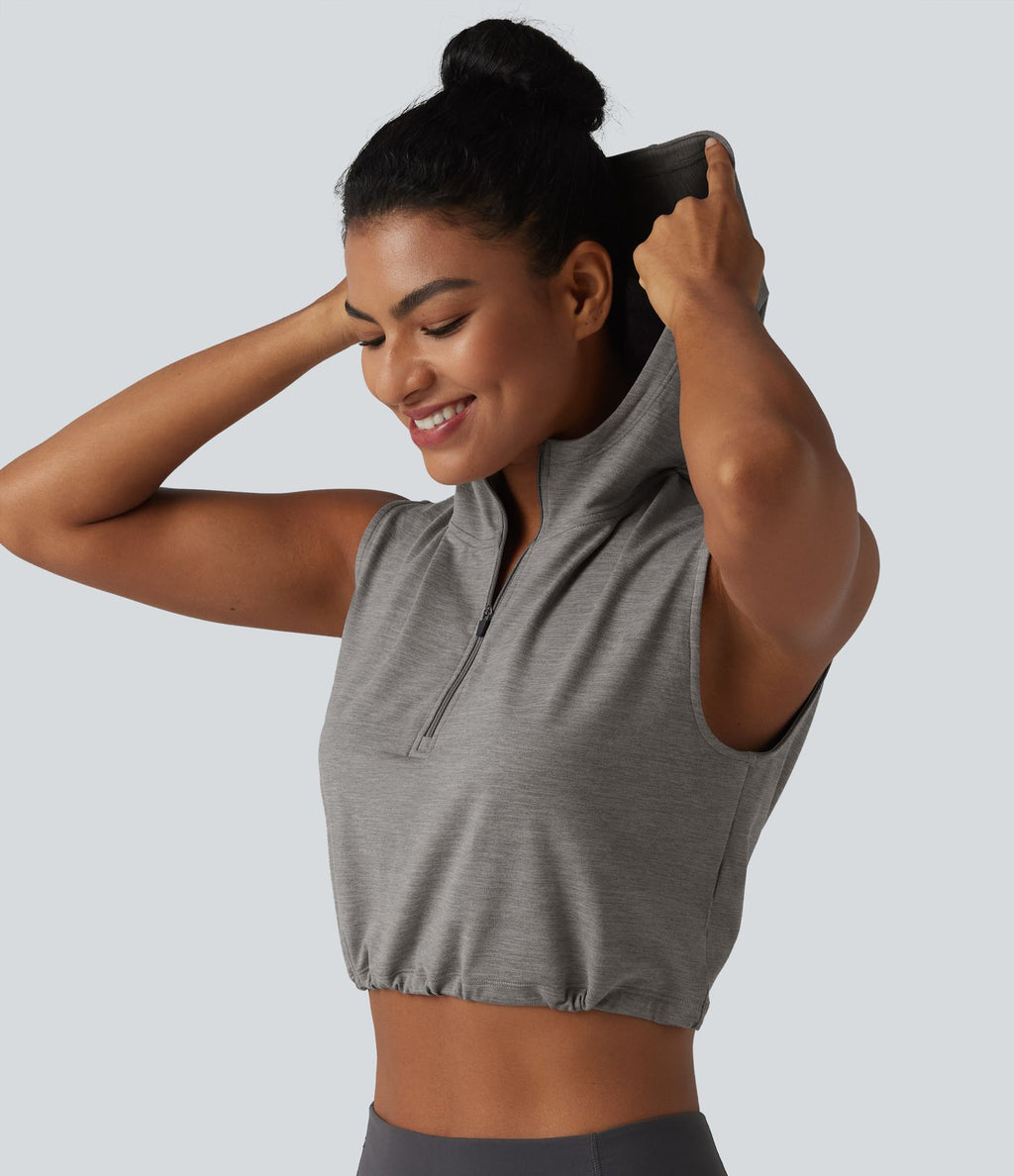 Débardeur de yoga court à capuche avec demi-zip