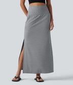 Jupe longue casual gainante taille haute à rayures et fente avec poches