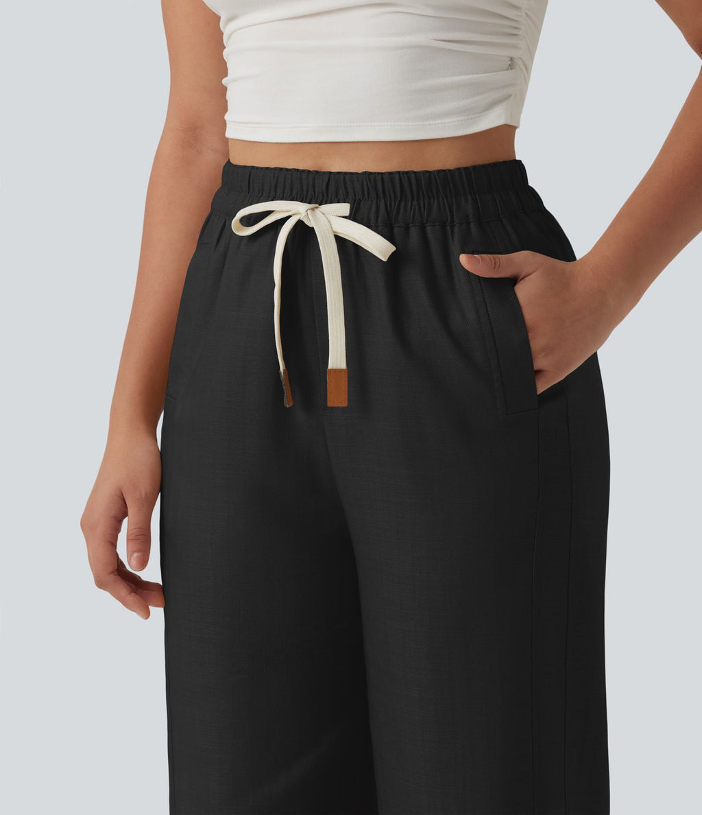 Pantalon large fluide décontracté en lin mélangé taille haute avec cordon de serrage et poches