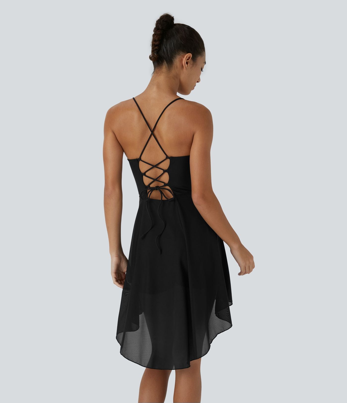 Robe de sport danse mini 2-en-1 laçage asymétrique résille contrastante fluide avec poche A-D