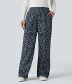 Pantalon léopard ample décontracté velours côtelé imprimé taille haute avec poches