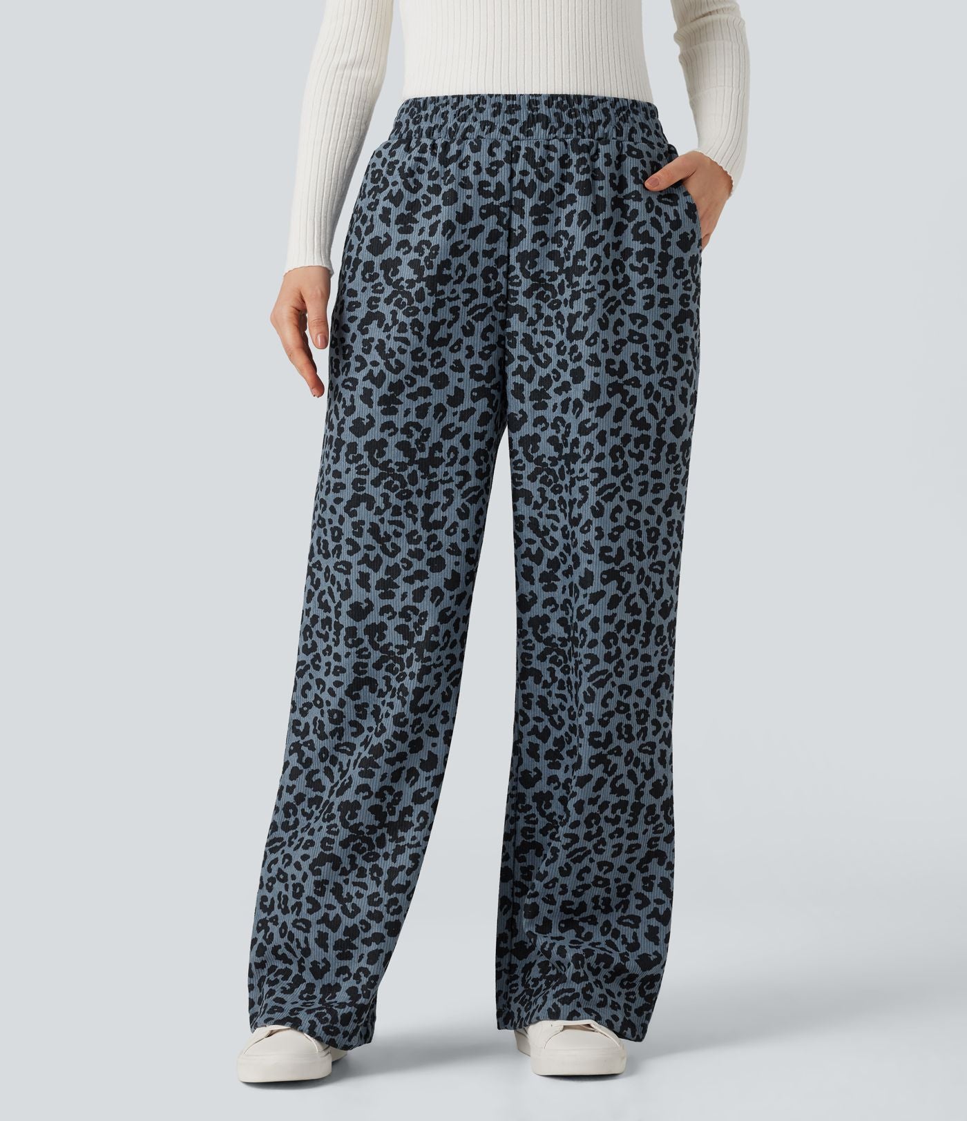 Pantalon léopard ample décontracté velours côtelé imprimé taille haute avec poches