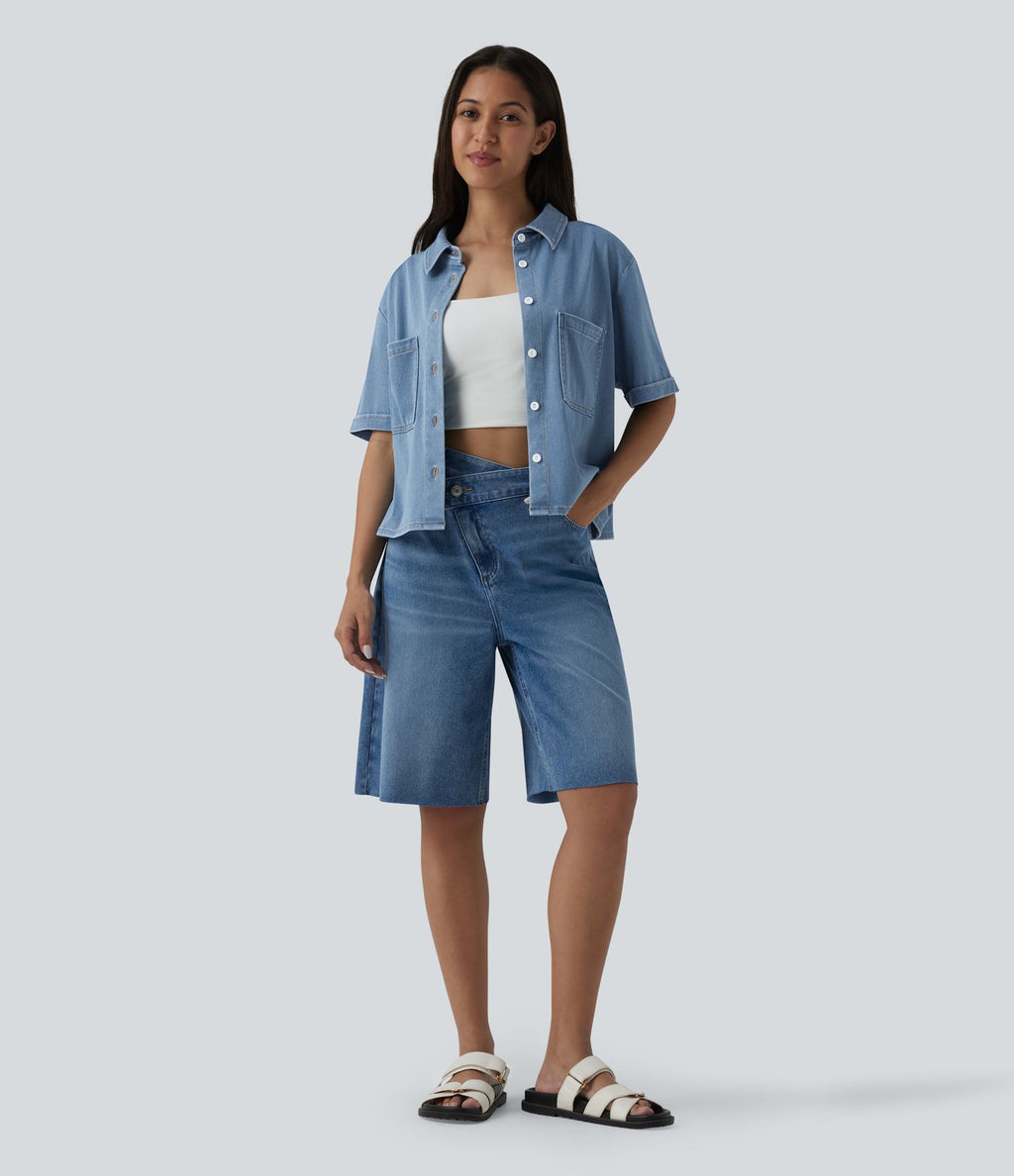 Halara Flex™ Chemise casual à manches courtes en denim lyocell drapé avec poches