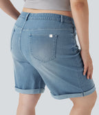 Short bermuda casual denim grande taille Halara Flex™ tricot extensible délavé taille haute multiples poches ourlet roulotté