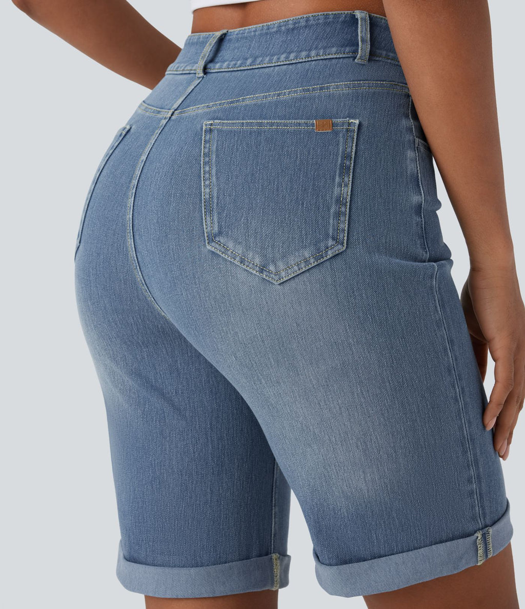 Bermuda décontracté en jean extensible délavé Halara Flex™ taille haute avec revers et multiples poches